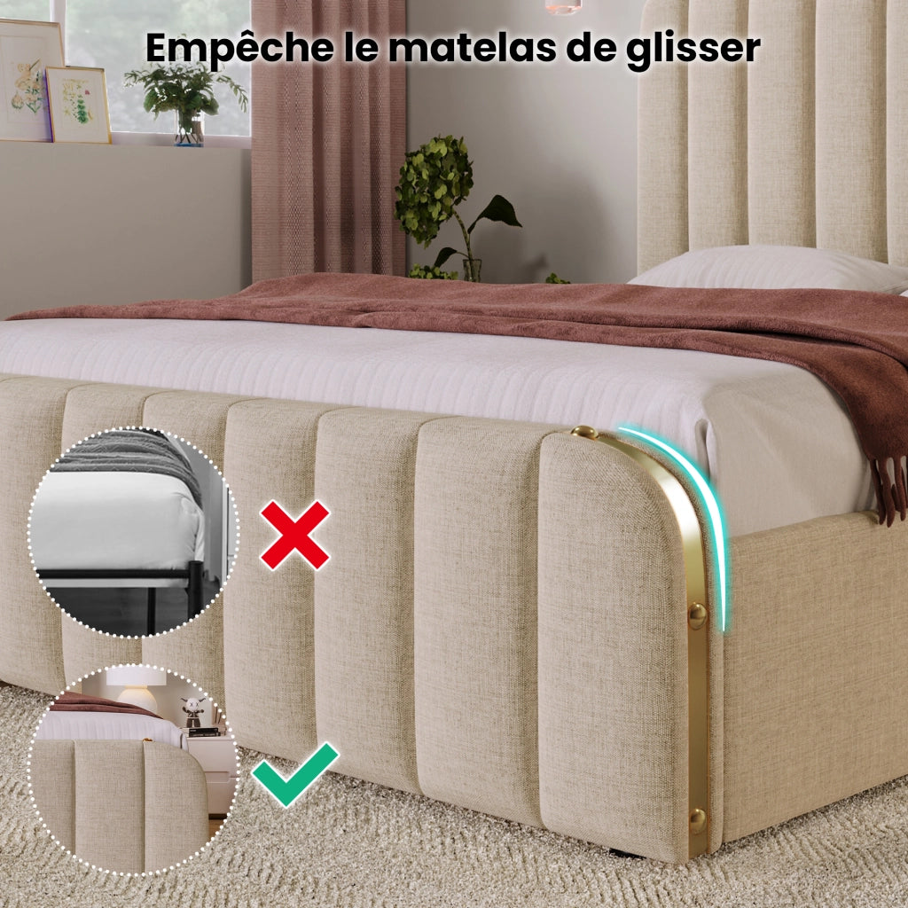 Letto Contenitore Letto Matrimoniale 160 x 200 cm con USB; Type-C e LED regolabile; senza Materasso; Lino Beige