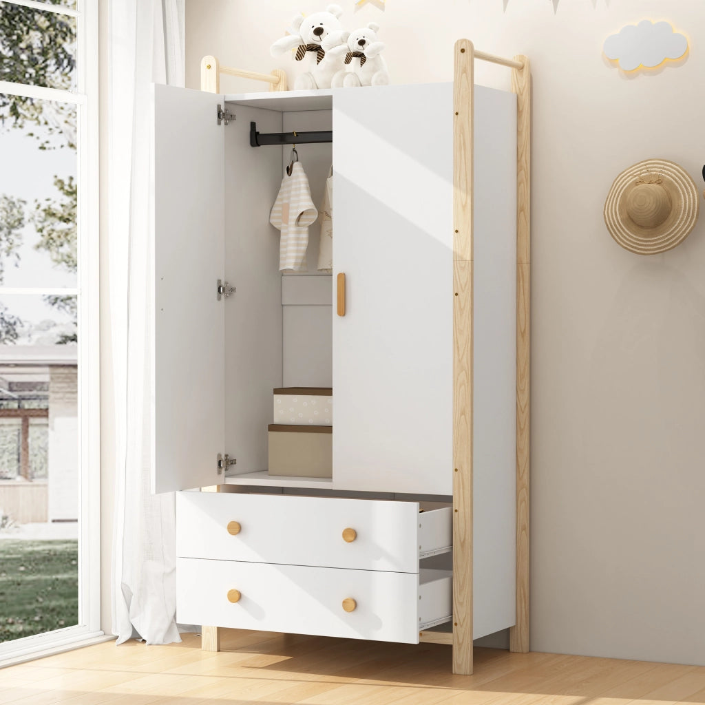 Armadio a 2 ante con barra appendiabiti e 2 cassetti, struttura salvaspazio 90x45x180 cm, bianco e naturale