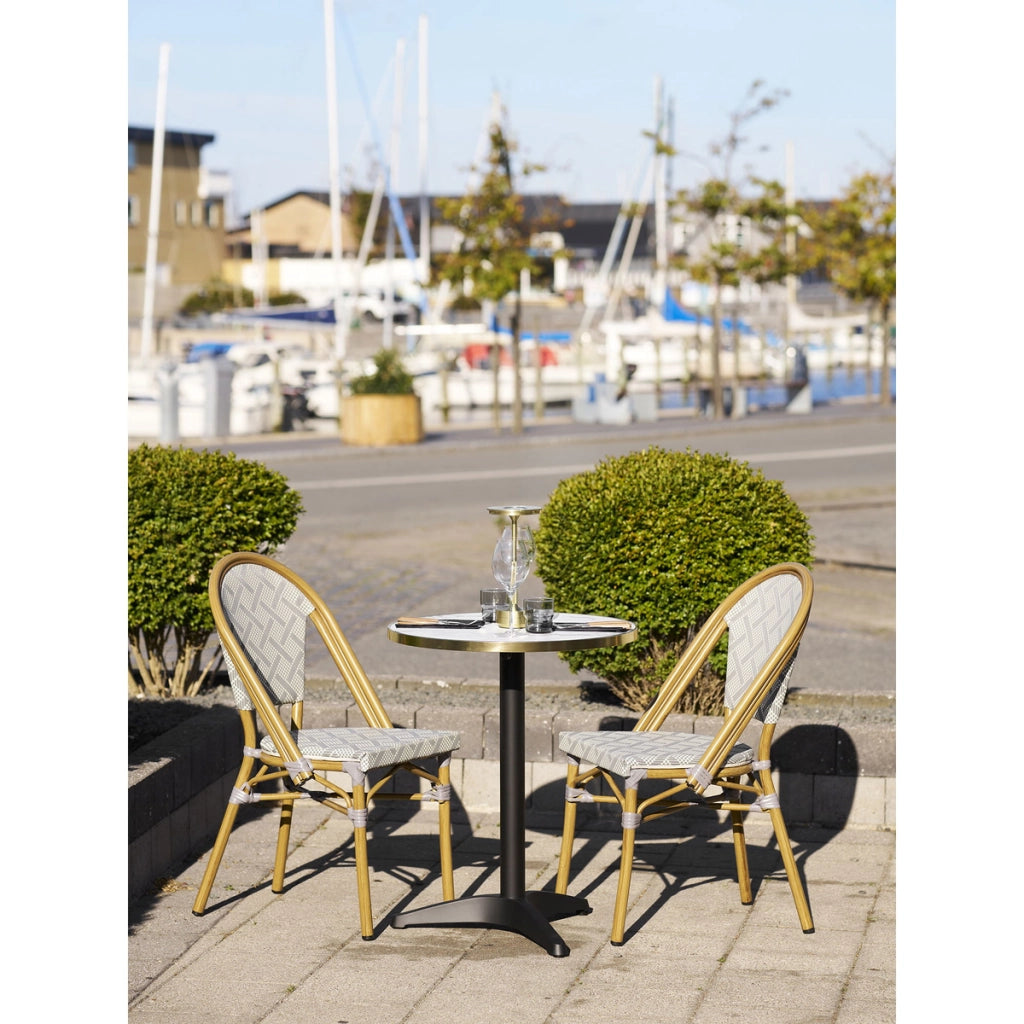 Tavolino bistrot rotondo effetto marmo bianco con bordo dorato e gambe nere