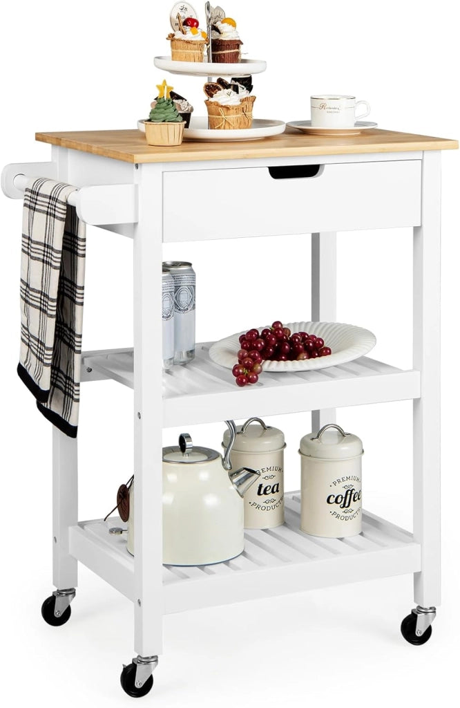 Carrello da Cucina con Ruote e Cassetto, Carrello Portaoggetti in Bambù con 2 Ripiani Aperti e Impugnatura, Carrello Bar da Cucina Sala da Pranzo Soggiorno (Bianco)