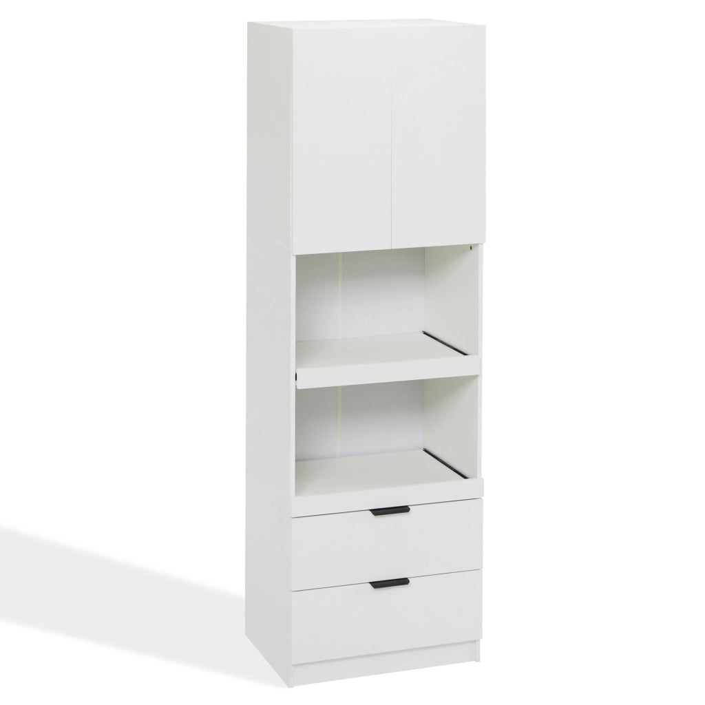 Armadio cucina multifunzione bianco con 1 anta, 2 ripiani aperti e 2 cassetti, 59,5 x 45 x 200 cm