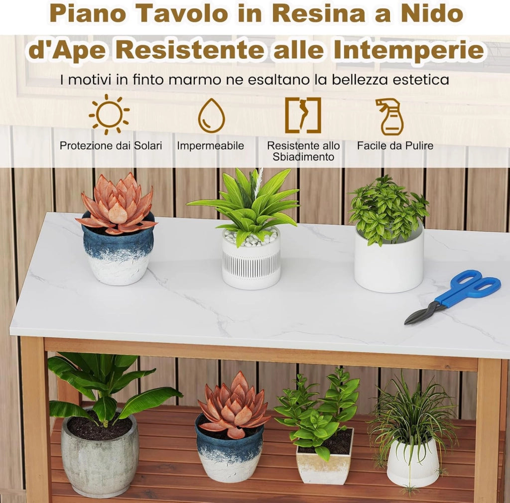 Armadio da Esterno Impermeabile in Legno di Acacia, Mobile Esterno Balcone con Piano di Lavoro in Resina, 2 Ante Persiana e Ripiano Aperto, per Piante e Attrezzi, Naturale, 80 x 40 x 90,5 cm