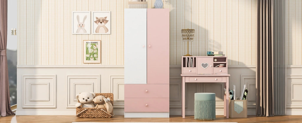Armadio ULEVR 70x40x170 cm con appendiabiti e 2 cassetti, rosa e bianco