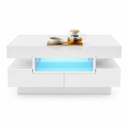 TAVOLO DA CAFFÈ 80x50x36 cm Bianco lucido con LED e 4 cassetti