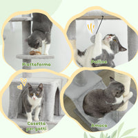 Albero Tiragraffi a Soffitto con Altezza Regolabile 225-255 cm con Casetta e Amaca in Peluche e Sisal Grigio Chiaro