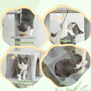 Albero Tiragraffi a Soffitto con Altezza Regolabile 225-255 cm con Casetta e Amaca in Peluche e Sisal Grigio Chiaro