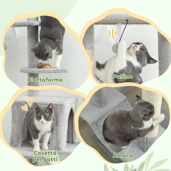 Albero Tiragraffi a Soffitto con Altezza Regolabile 225-255 cm con Casetta e Amaca in Peluche e Sisal Grigio Chiaro