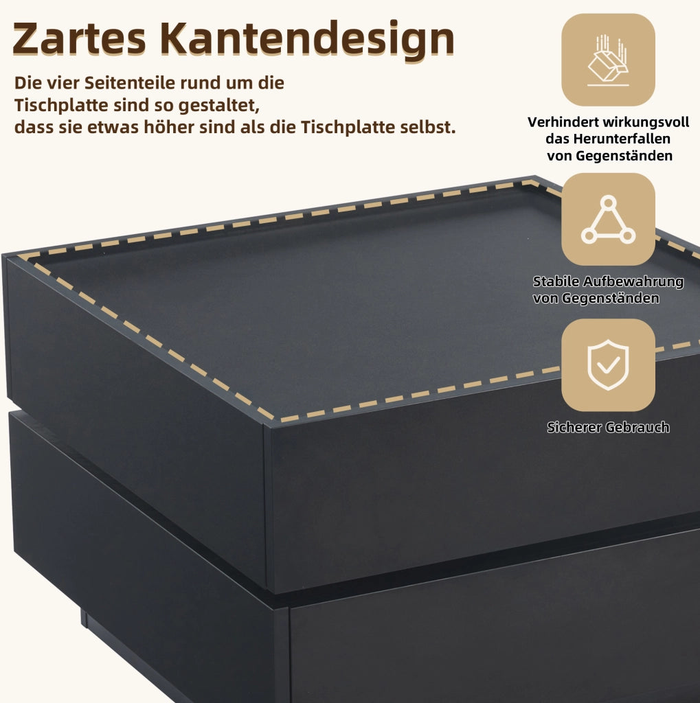 Tavolino da caffè girevole a 360° con 2 cassetti e 2 ripiani; 60x60x38 cm; nero; in truciolare