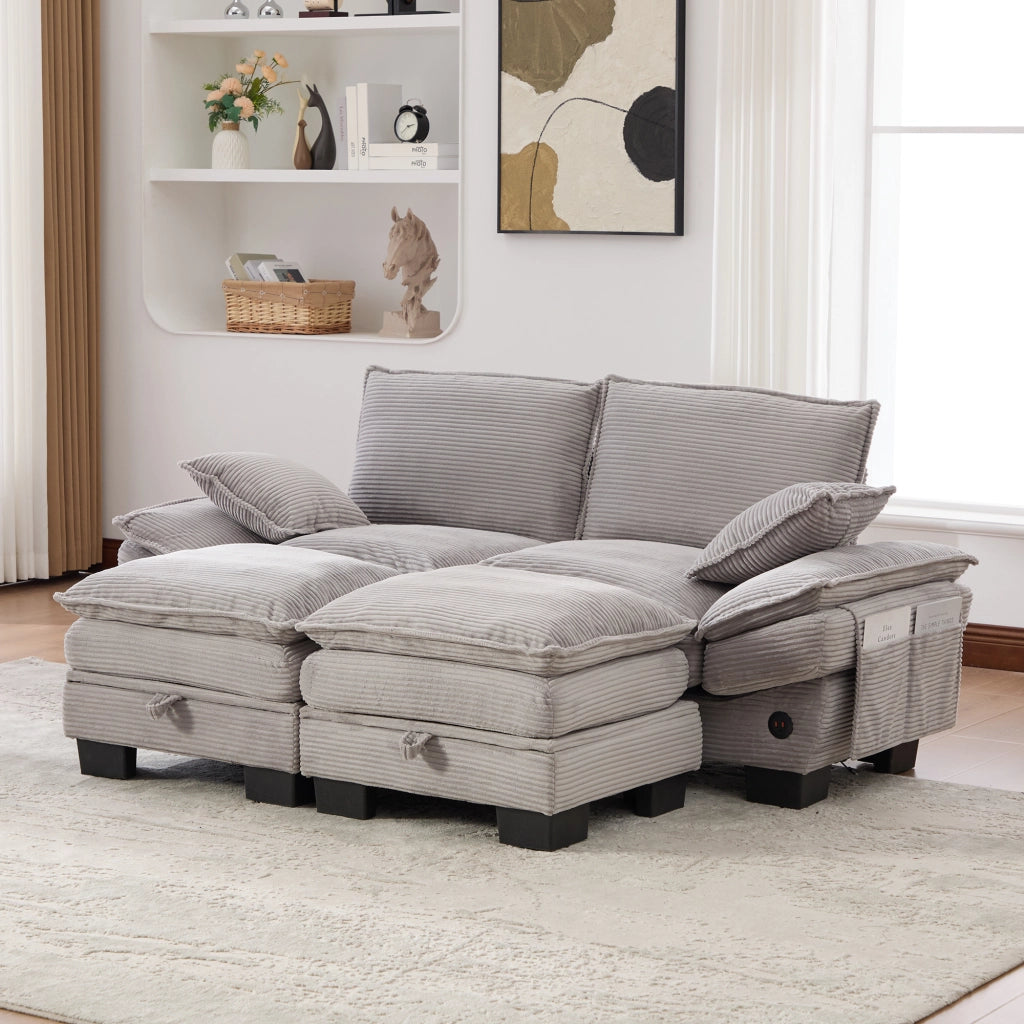 Divano modulare 2 posti con 2 pouf; USB-C e tasche laterali; in corduroy grigio chiaro