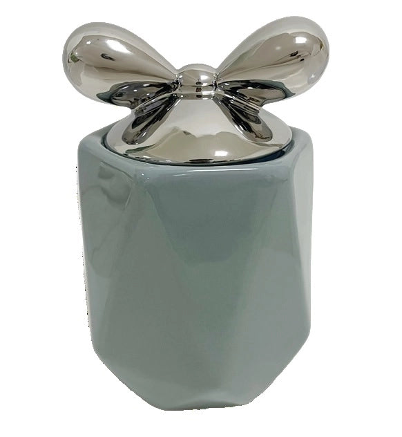 1 Pezzo Barattolo da Cucina in Porcellana con Fiocco Grigio e Argento 1100 ml