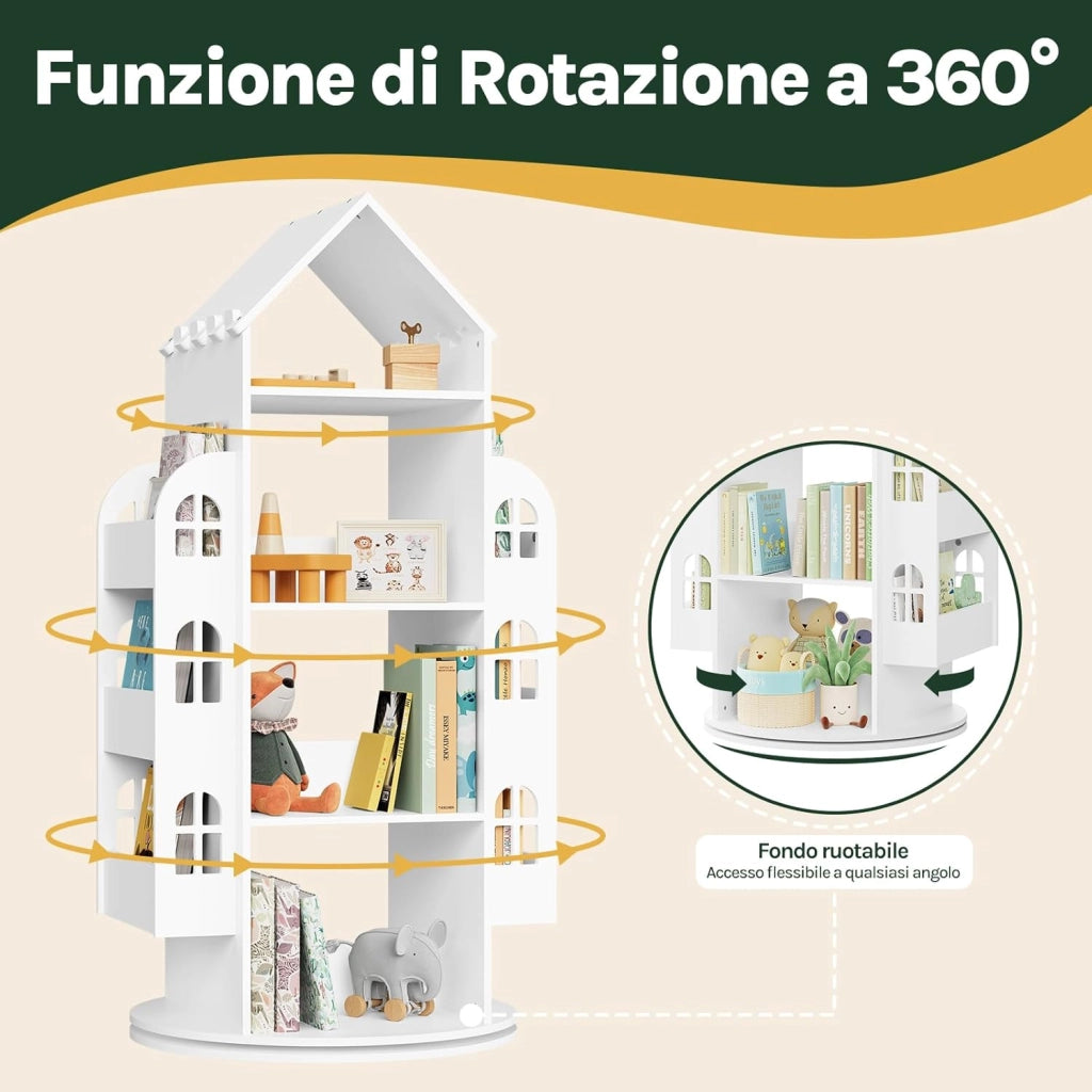 Libreria Bianca per Bambini Girevole, Mobile Portaoggetti per Bambini a 4 Livelli con 2 Spazi di Archiviazione Laterali, a Forma di Casa, 63x59x125cm