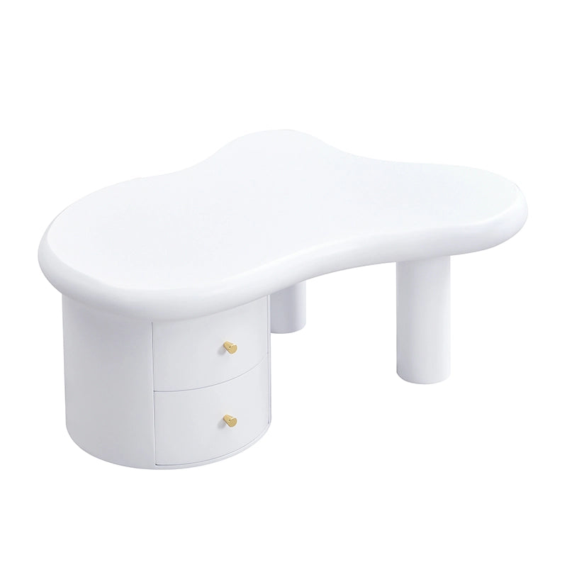 Tavolino da caff¨¨ moderno bianco in MDF con forma irregolare, 2 cassetti e vano contenitivo, 97 x 64 x 42 cm