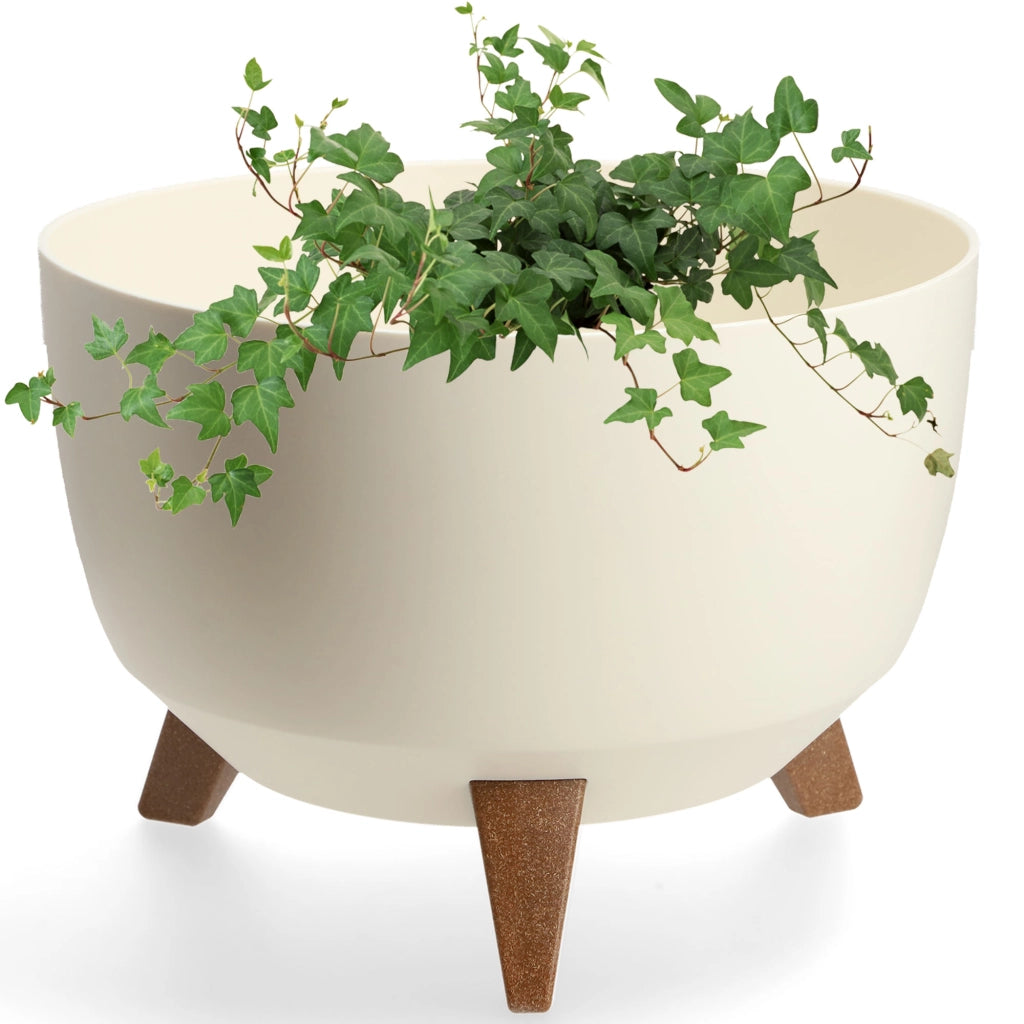 Vaso da fiori KADAX, fioriera, coperchio, gambe, inserto, supporto per fiori, 33 cm, crema, ciotola rotonda