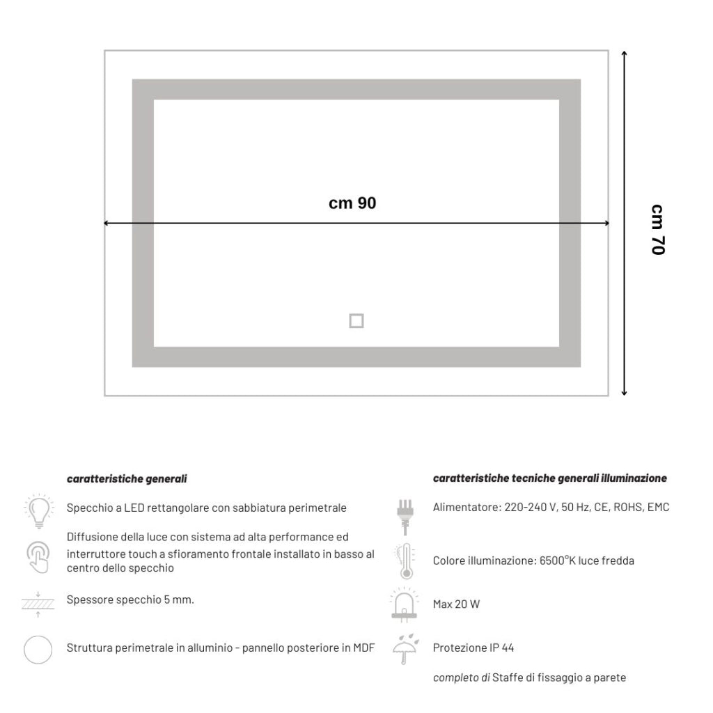 Specchio 5 mm rettangolare squadrato cornice led interruttore touch mdf *** misure 90x70 cm, tonalità dimmerabile 27...