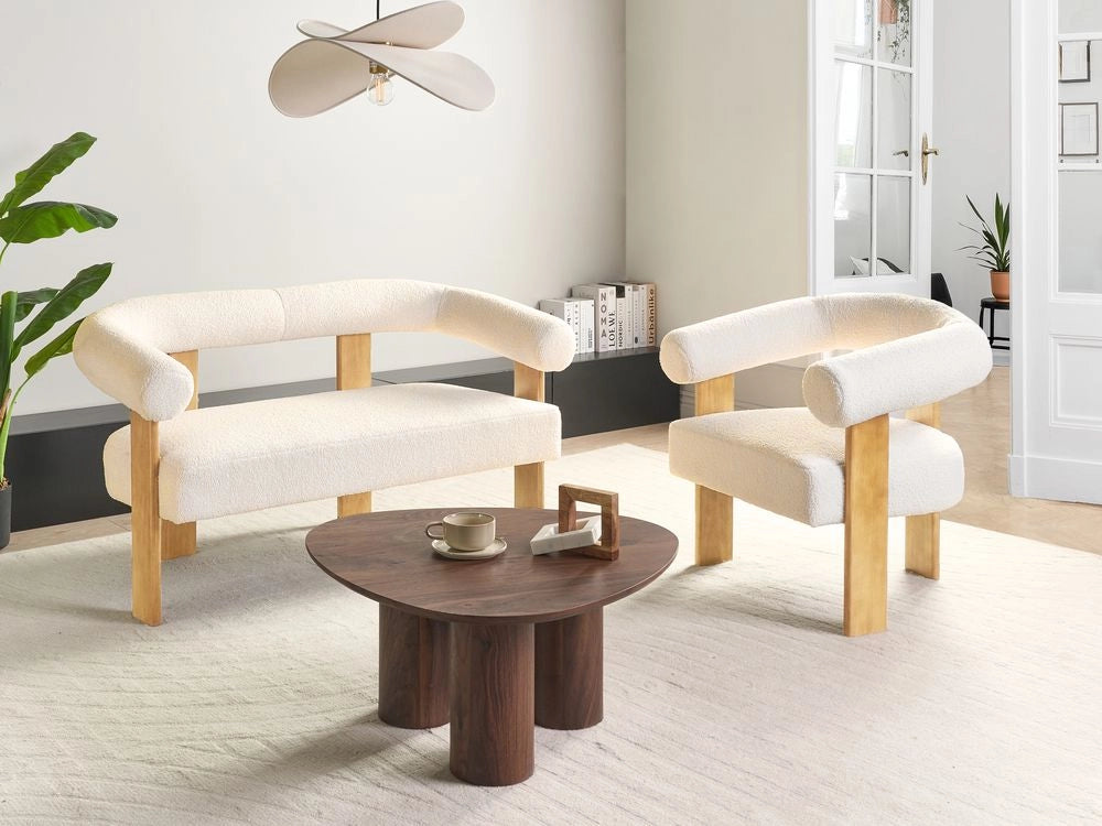 Set da salotto divano a 2 posti poltrona imbottita bouclé bianco sporco e marrone chiaro stile retrò soggiorno
