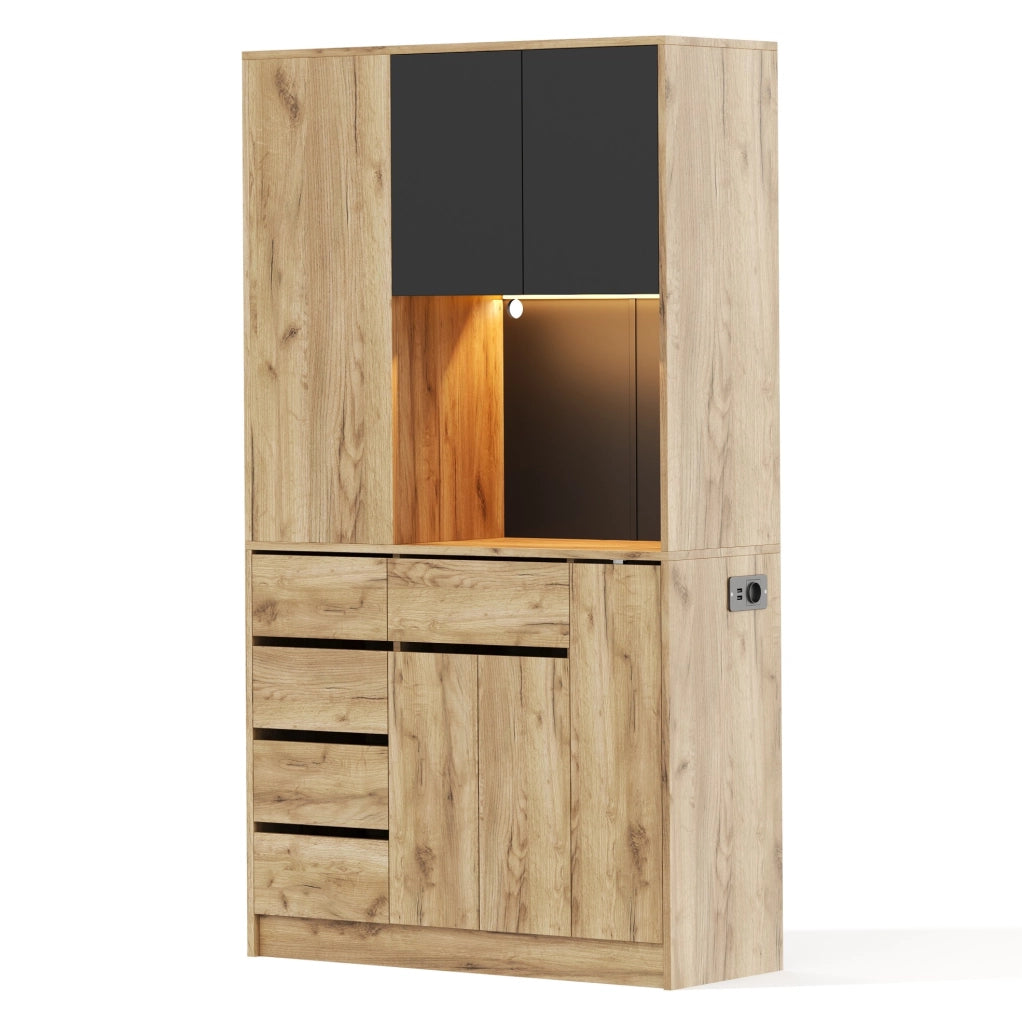 Mobile buffet da cucina con LED; presa integrata e ripiani regolabili 185 x 105 x 40 cm; nero e naturale