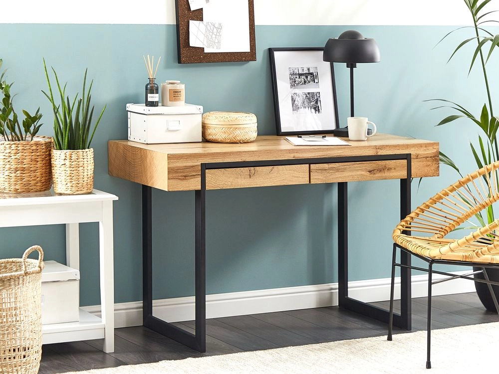 Scrivania da ufficio in legno chiaro con struttura in acciaio MDF Nero 120 x 55 cm con 2 cassetti