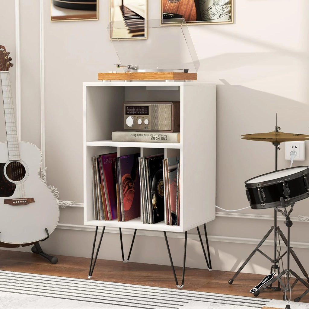 Supporto per Giradischi in Vinile con Stazione di Ricarica, 5 Scomparti, Espositore per Dischi con Gambe in Metallo, Mobile Giradischi Capacità di Carico 50kg, 48 x 40 x 88 cm (Bianco)