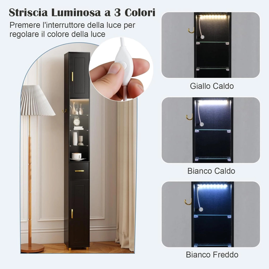 Mobile Bagno Salvaspazio con Luce, Colonna Bagno con Scomparti Aperti in Vetro, Ripiani Regolabili, 1 Cassetto e 1 Gancio Laterale per Spazi Ridotti 20 x 20 x 181 cm (4 Ripiani con Luce, Nero)