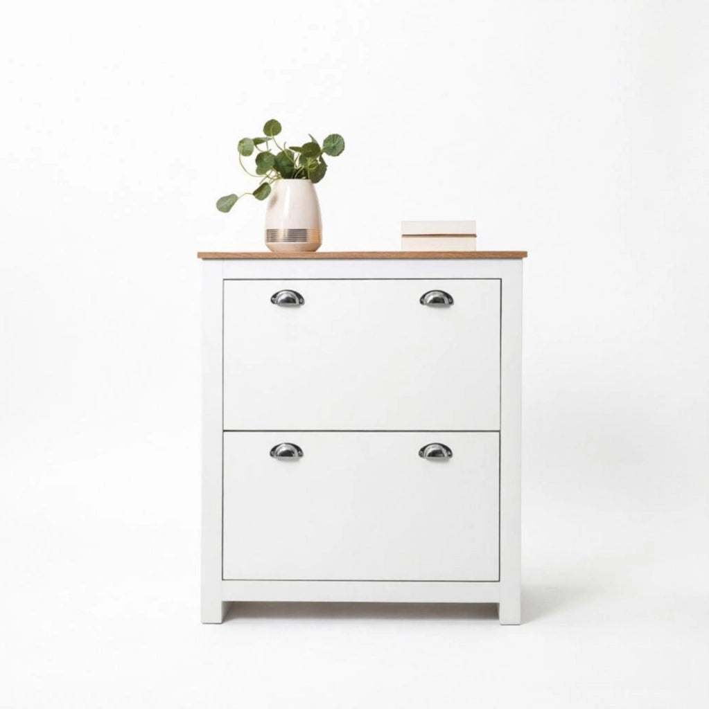 Scarpiera con 2 cassetti ribaltabili e ripiani regolabili in MDF rovere e bianco