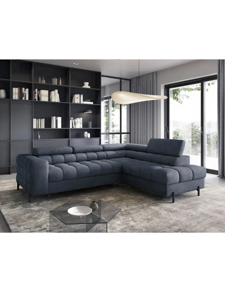 Divano letto Blu scuro FERRUM 5 posti angolo destro grande formato 276x93x200cm