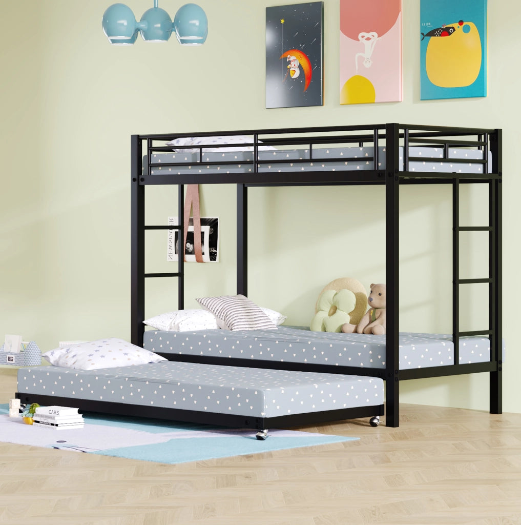 Letto a castello 90x200 cm in metallo nero con letto estraibile e sponde alte