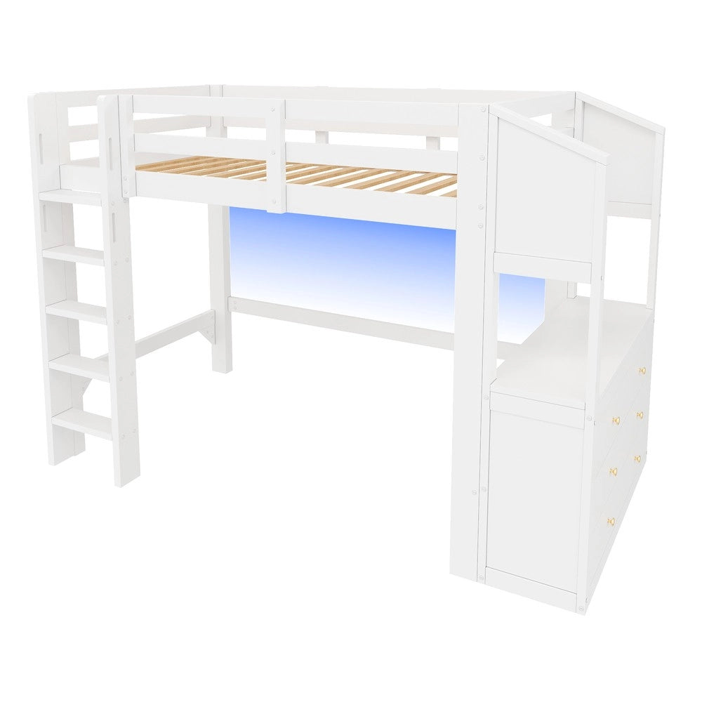 Letto a soppalco con cassetti e LED ¨C Minimal ¨C bianco 90x200 cm
