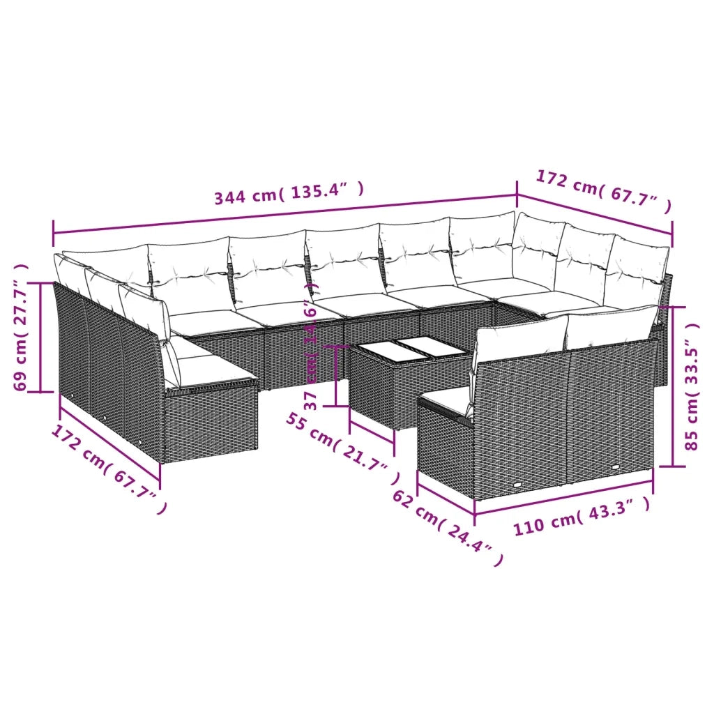 Set Divano da Giardino 13 pz con Cuscini Beige in Polyrattan