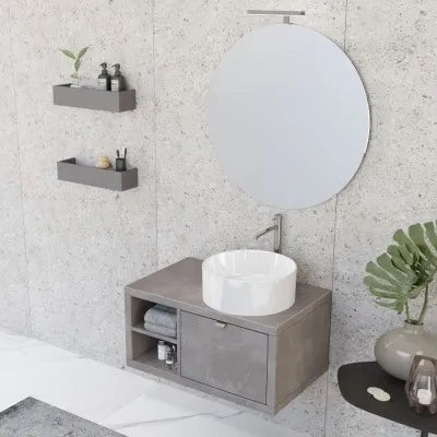 Mobile bagno sospeso 80 cm grigio cemento con cassetto e vano a giorno completo di lavabo e specchio Master