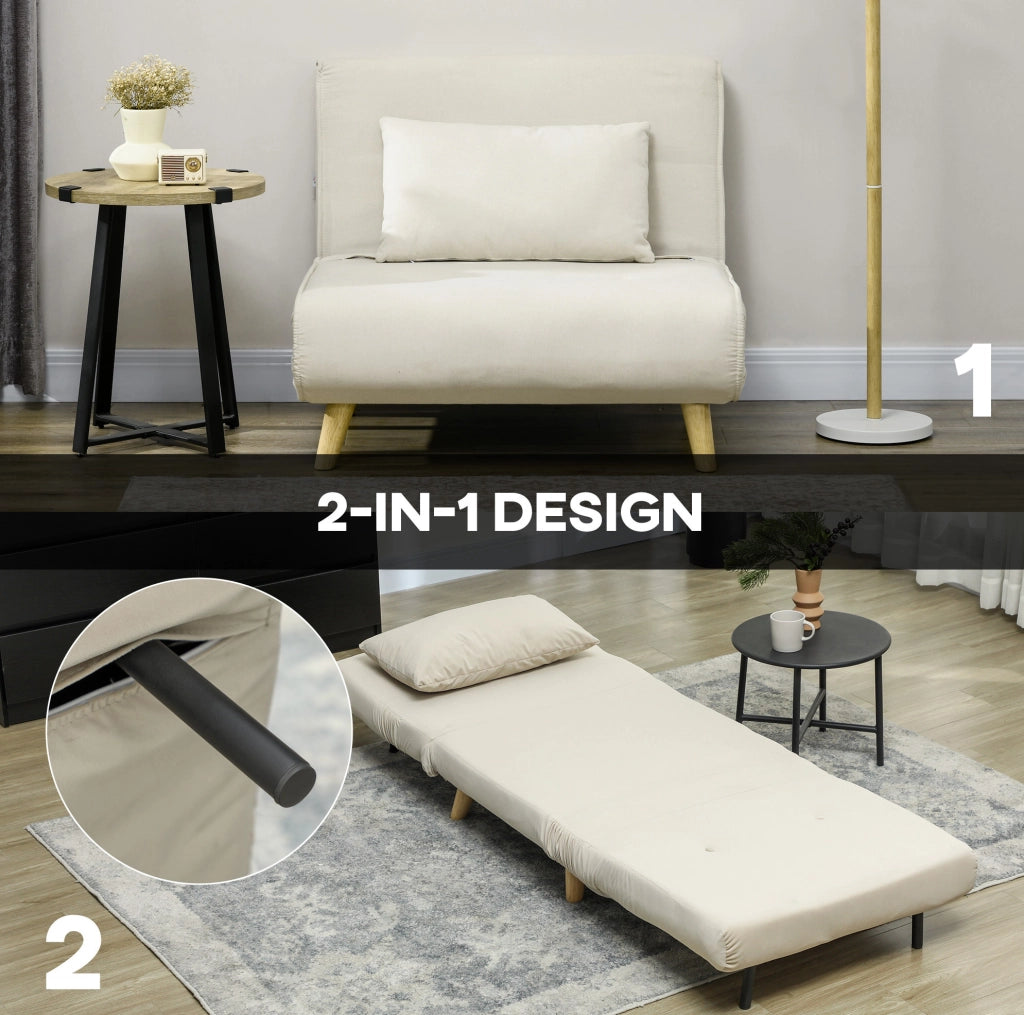 Poltrona letto pieghevole beige in velluto con schienale reclinabile