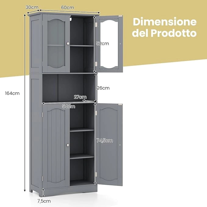 Armadietto Salvaspazio 60 x 30 x 164cm, Mobile Bagno con Scomparti Aperti, Ripiani Regolabili e 2 Porte in Vetro Temprato, Armadio da Bagno per Ufficio, Soggiorno e Camera da Letto (Grigio)