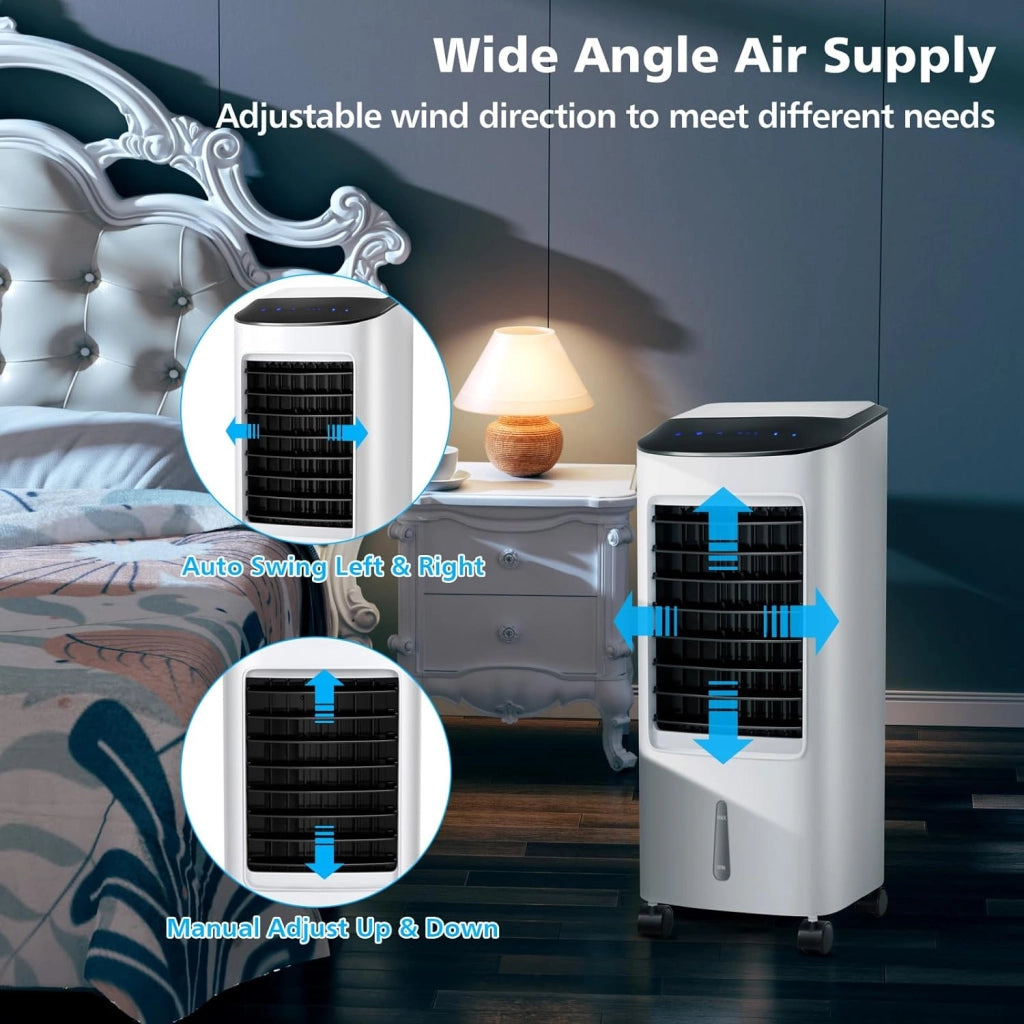 Raffreddatore d’Aria 65W, 3 in 1 Air Cooler, Umidificatore, Ventilatore, Ventilatore Condizionatore Portatile con Telecomando, 3 Velocità, Timer 7,5H, Serbatoio dell'Acqua da 7L