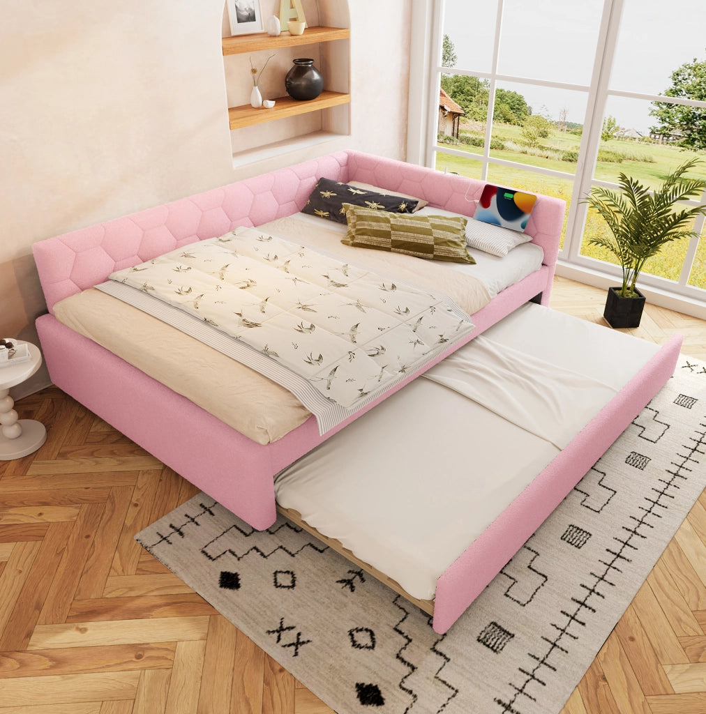 Letto 140x200 cm con letto estraibile; USB e Type-C in velluto rosa