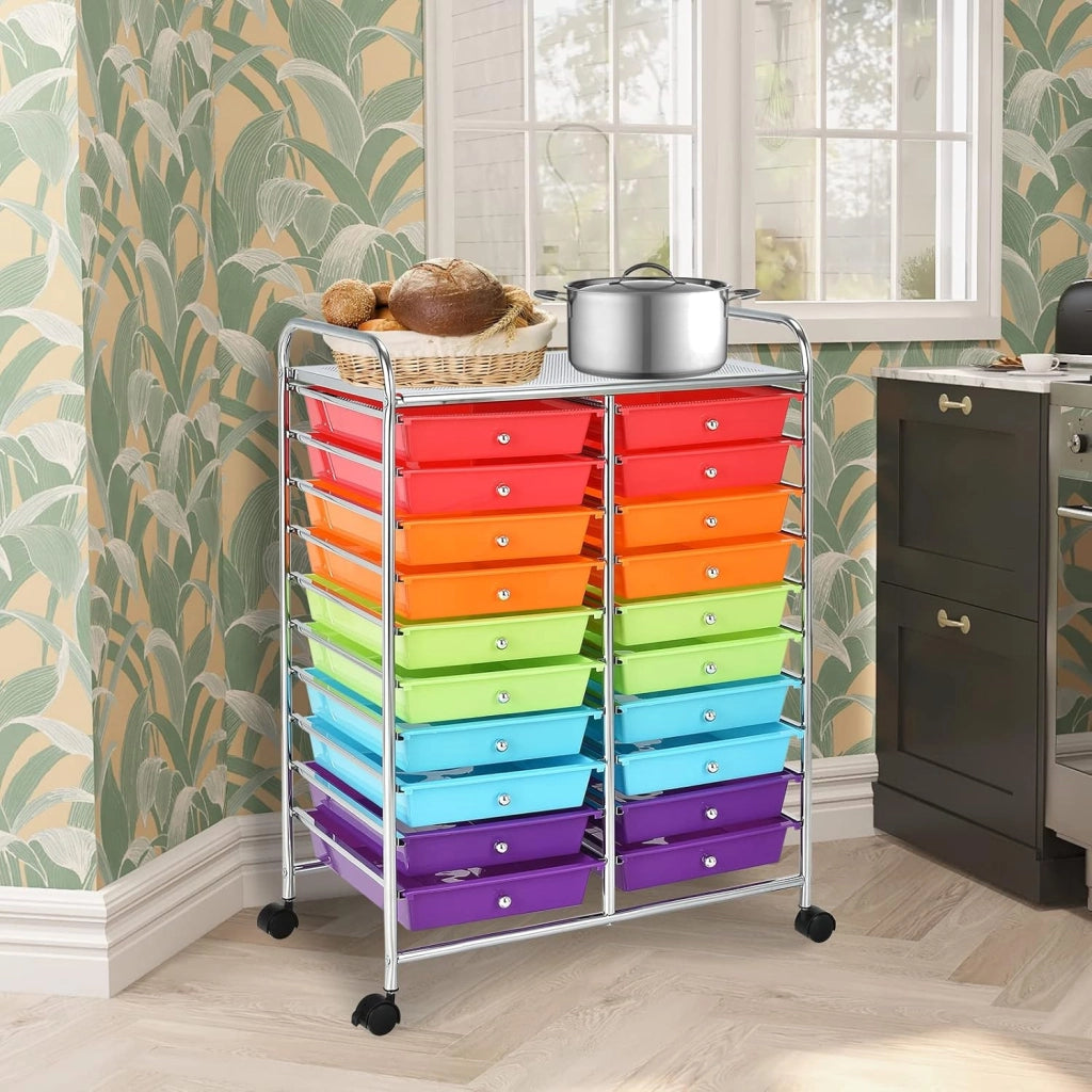 Carrelli Porta Oggetti, con 20 Cassetti, 2 Ruote Bloccabili, Braccioli Metallici, Portabile e Pratico, per Ufficio, Studio, Cucina,Bagno, 5 Colori Disponibili, 64x38x87 cm (1-4)