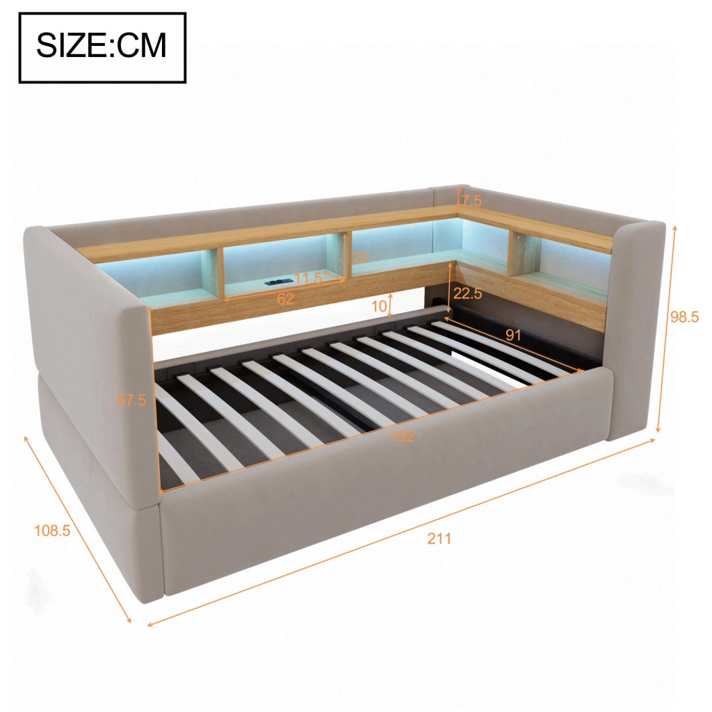 Divano letto imbottito 90x190 cm con vano contenitore idraulico, LED e prese, grigio scuro