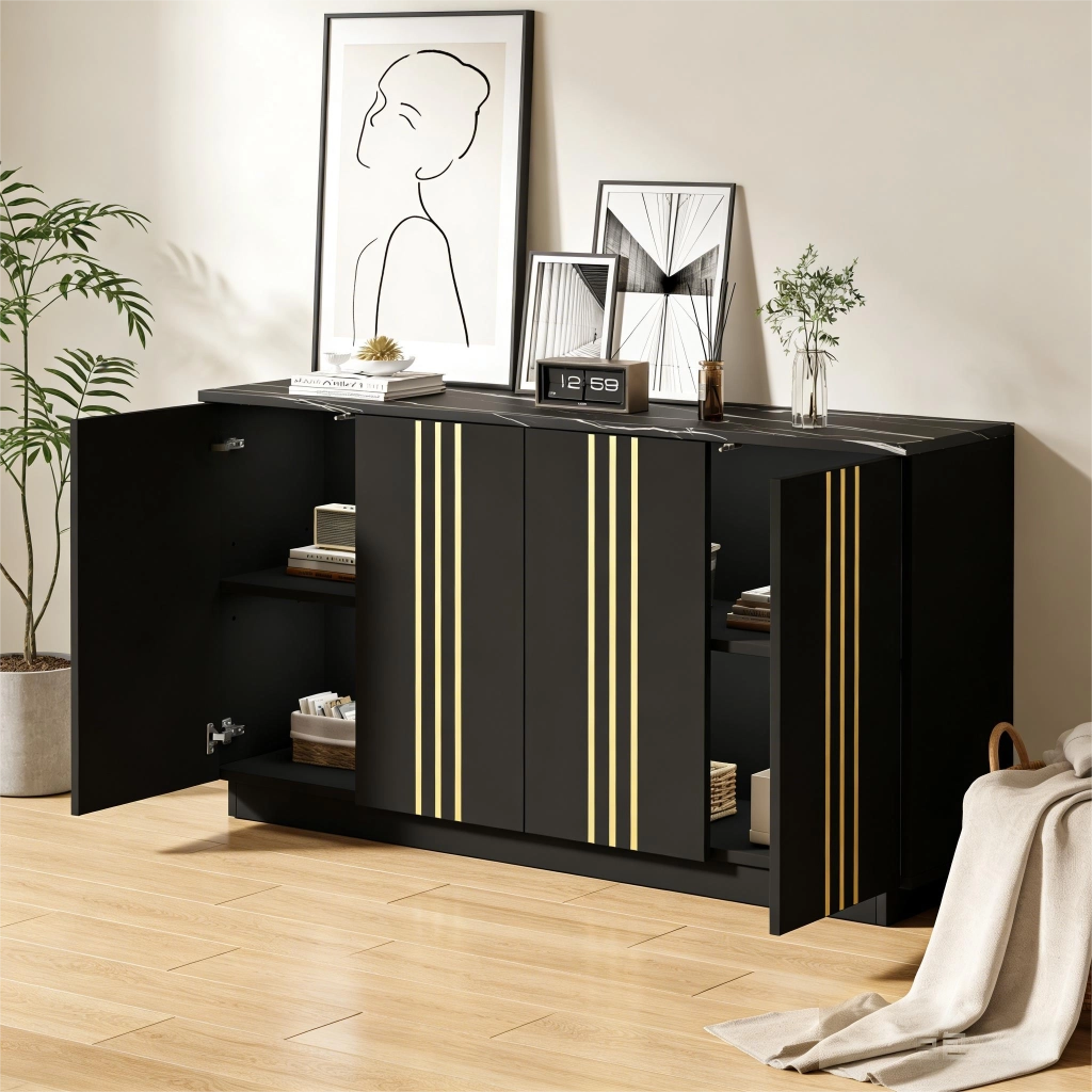 Credenza con 4 ante e scomparti interni 140 cm; in truciolare nero e oro