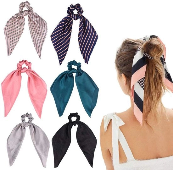 Accessori per capelli 6 pezzi - Bande di chiffon - Scrunchies in seta - Orecchini per coda di cavallo elastici - Moda trendy - Qualità elevata - Elastici per capelli