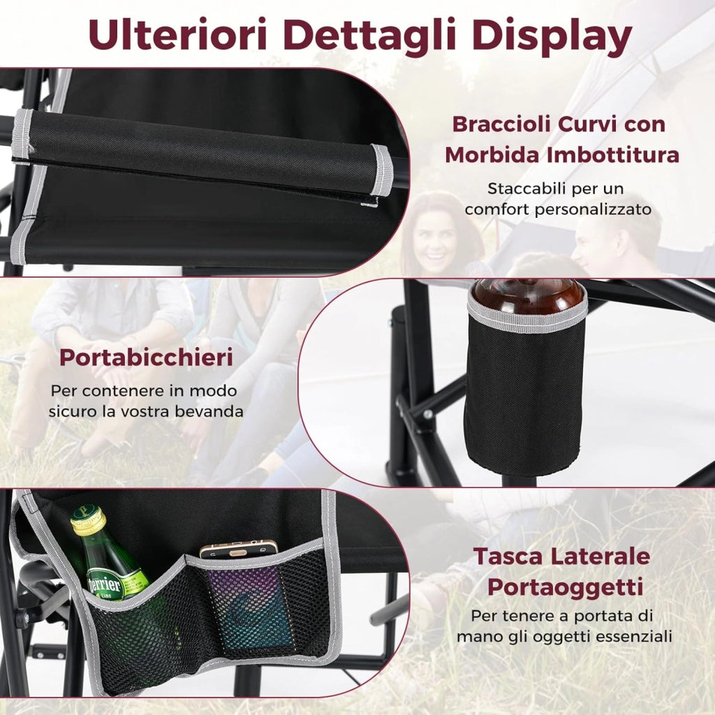 Poltrona a Dondolo da Campeggio, Sedia Pieghevole e Portatile con Molla Doppia, Schienale Imbottito, Braccioli, Porta Bicchieri, Sedia da Campeggio per SPiaggia Picnic, Portata 150 kg