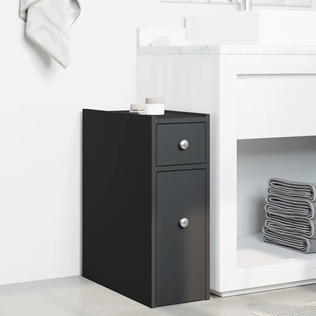 Armadietto da Bagno Stretto con Ruote Nero in Truciolato
