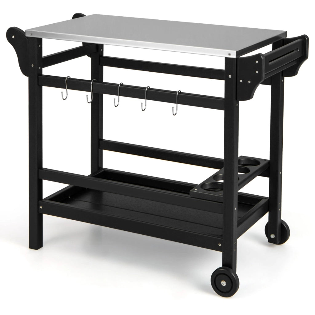 Tavolo mobile da esterno per cibi, Stand per forno a pizza in HDPE con piano in acciaio inox vassoio Nero-Carrelli