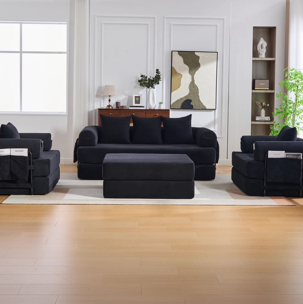 Divano modulare 4 posti ULEVR 200x190x67 cm con pouf, tasca laterale e 3 cuscini, velluto a coste nero