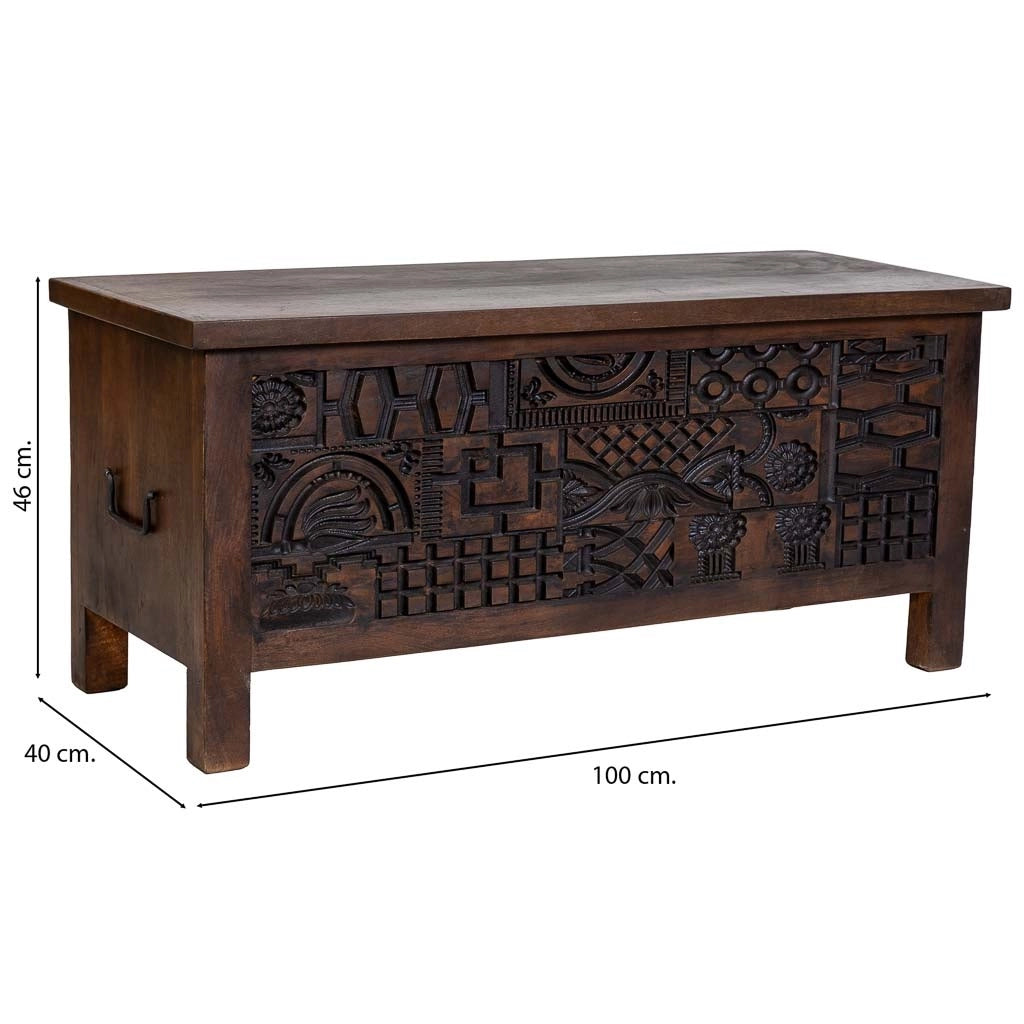 Baule in legno marrone intagliato a mano 100x40x46h cm