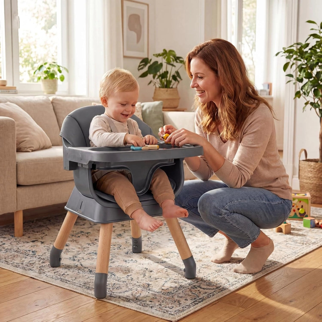 Seggiolone Pappa per Bambini, Seggiolone Convertibile con Cintura e Vassoio Rimovibile, Sedia Evolutiva per Neonati, Telaio in Legno Massello, per Neonati 6-36 Mesi (Grigio Scuro)