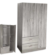 ARMADIO IN LEGNO CON 3 ANTE E 2 CASSETTI RIPIANI INTERNI, ROVERE GRIGIO 90 X 42 X 180 CM