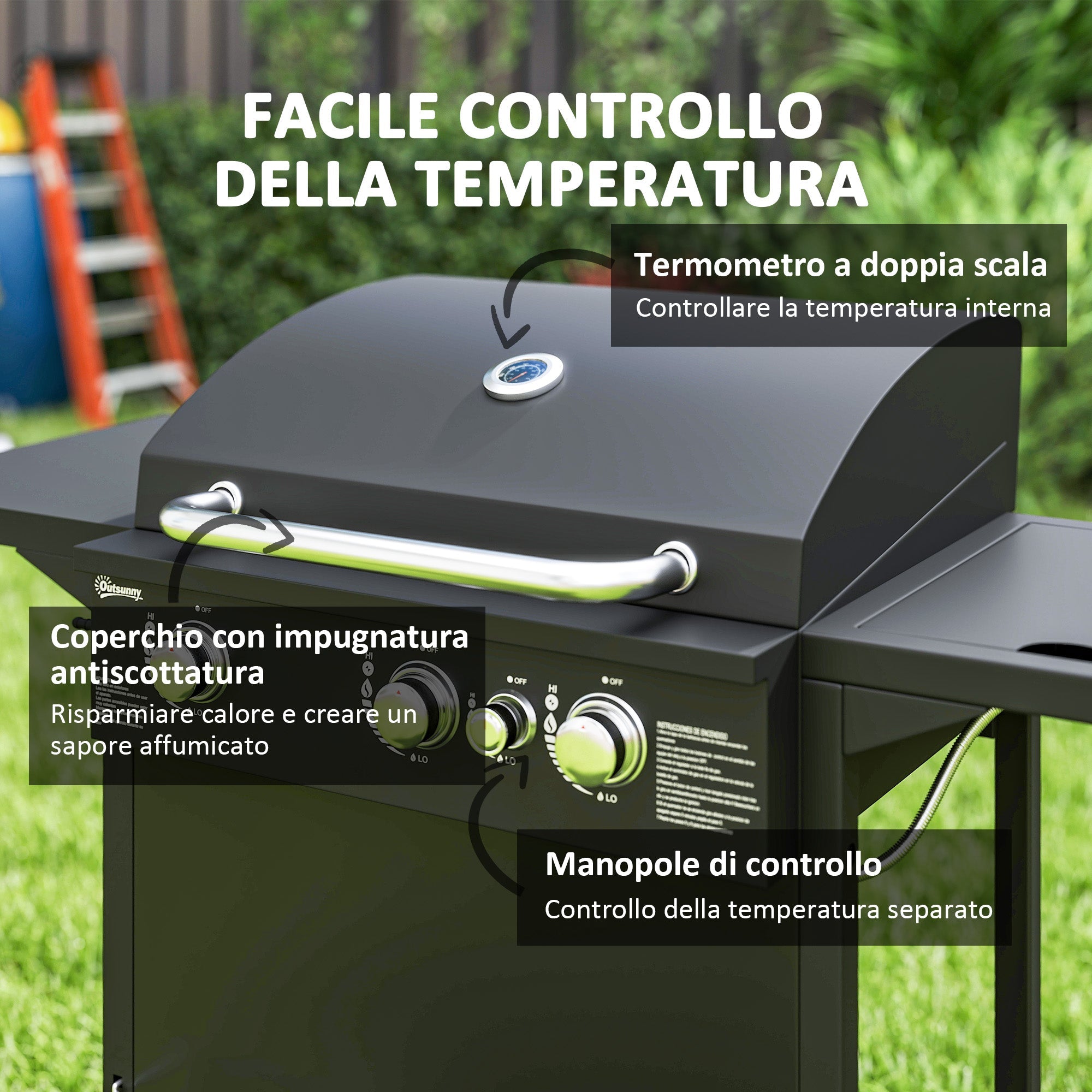 Barbecue a Gas con Bruciatori Indipendenti Coperchio con Termometro e Tavolino Laterale Nero