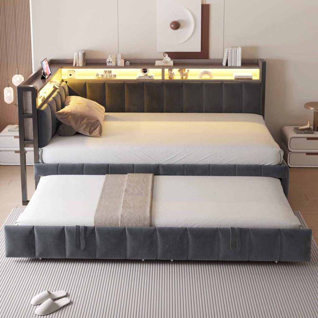Divano letto imbottito 90x200 cm grigio con letto estraibile, LED, USB e Type-C