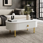 Tavolino da salotto moderno con 2 cassetti, finiture bianche e dettagli oro, 108 cm
