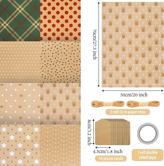 Set di Carta per Avvolgere Regali - 8 Fogli con 8 Disegni Incluse 10 Etichette per Regali & 2 Rotoli di Corda - Perfetto per i Natale, le Feste e le Occasioni Festive