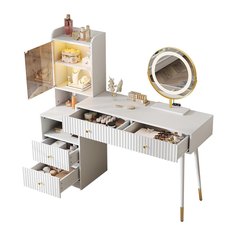 Tavolo trucco con LED-Xylo-100x40x125cm, 4 cassetti, specchio tricolore, bianco