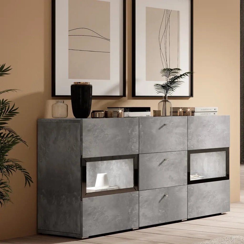 Buffet RAMOS – 2 porte in vetro + 3 cassetti – Grigio effetto cemento e nero – Senza LED